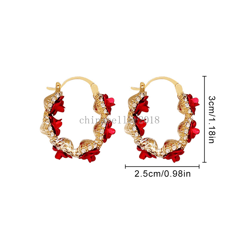 Fashion Red Rose Flower Hoop Earrings for Women Crystal Rhinestone Earrings Metal Wedding Jewelry Gifts