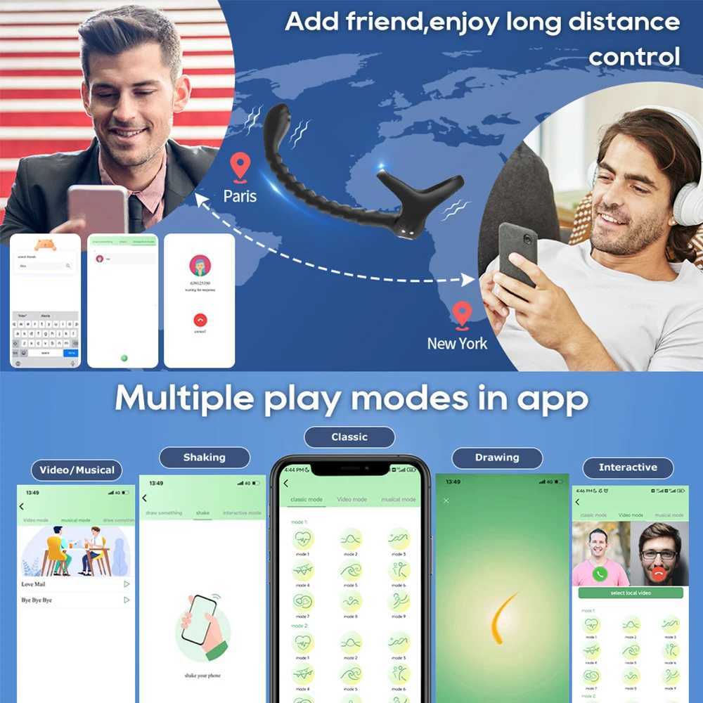 진동기 수탉 반지 전립선 진동기 성 장난감 남성 앱 무선 10 모드 고환 마사지 항문 엉덩이 플러그 음경 반지 남성 자위기 18