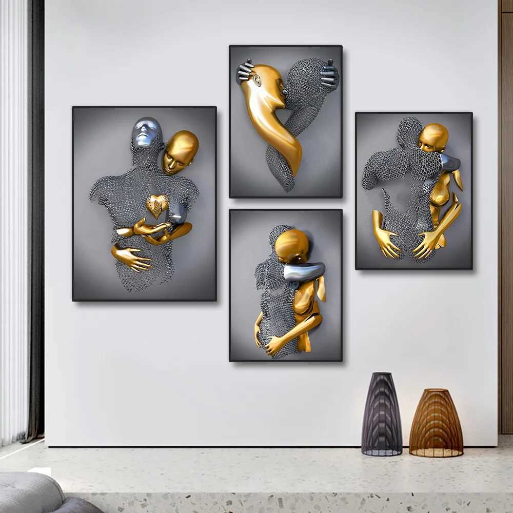 Paintings Metal Figure Golden Statue Art Canvas Painting Romantic Abstract Lovers Posters and Prints Wall Pictures Modern Home Decor Gifts