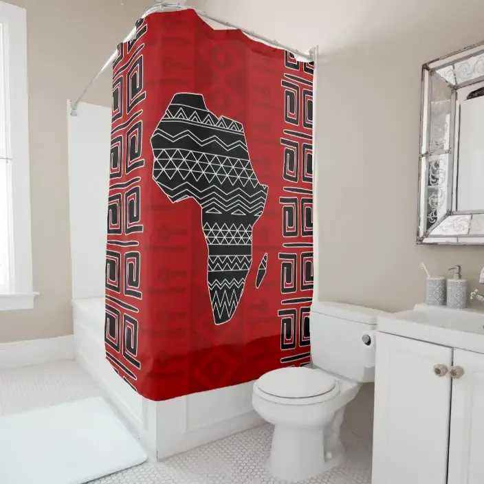 Zasłony prysznicowe afrykański aborygeński w stylu plemiennym dekoracyjny czarno -czerwony zasłona prysznicowa kurtyna łazienkowa z haczykiem zasłony łazienki L220CM