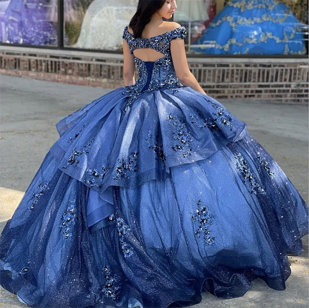 2024 Blue Quinceanera Dresses Ruffles Beaded Lace Applique Corset Back Scoop Neckline Custom Made Sweet 16 Princess Birthday Party Ball Gown Vestidos