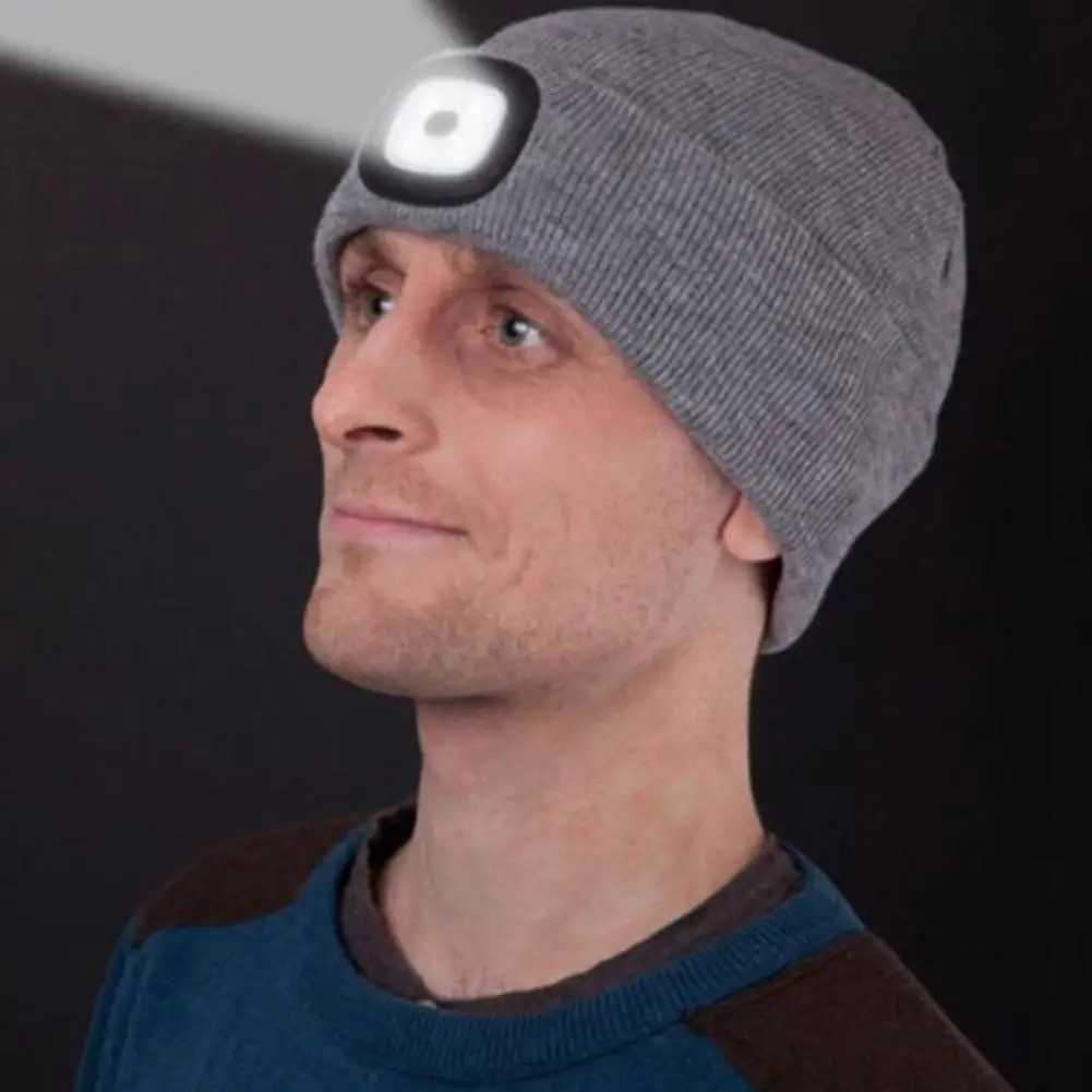 Beanie/Totenkopfkappen LED-beleuchtete Beanie-Mütze Unisex-Strickmütze mit LED-Beleuchtung und Stirnlampe, wiederaufladbare USB-Taschenlampe, LED-Mützen, Strickmütze, Angelmützen 240125