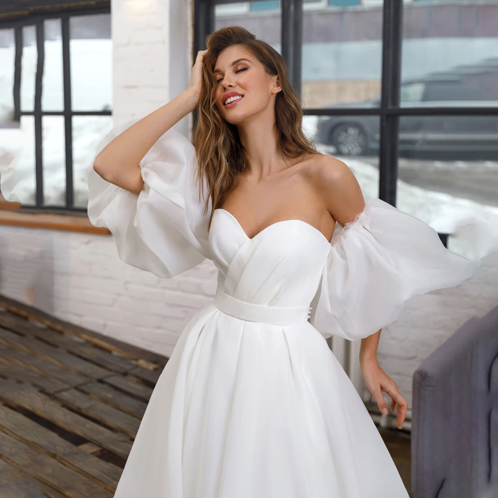 TOUNNINGBRIDE 2024 Romantiska organza Bröllopsklänningar Löstagbara puffhylsor Elegant Sweet Simple A-Line Lace Up Back Princess Bridal klänningar