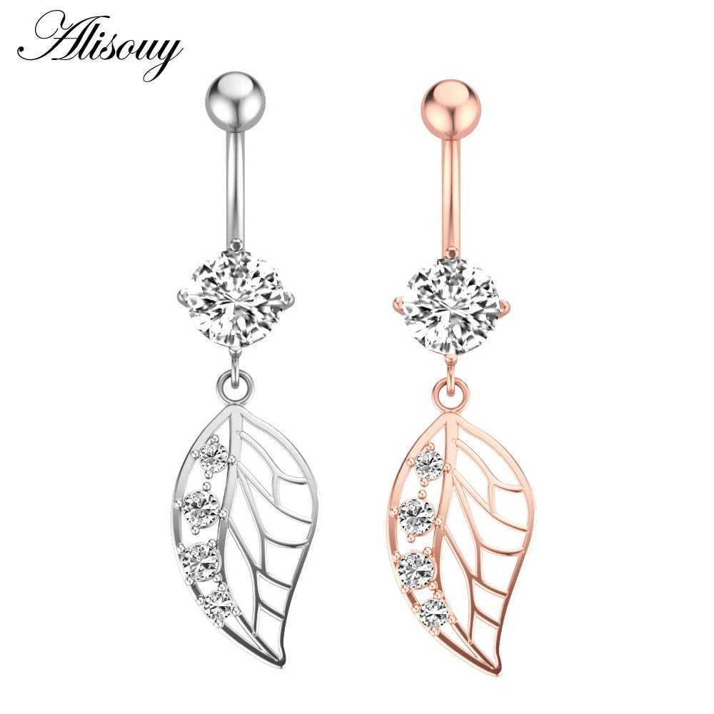 Navelbelknopringen Alisouy Chirurgisch staal Kristal Zirkoon Bloem Hart Blad boog-knoop Dangle Button Navelpiercing Ring Buikring Lichaamssieraden YQ240125