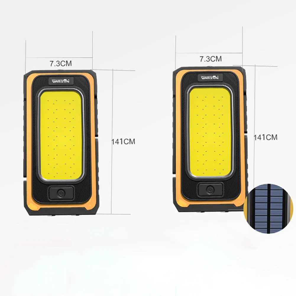 Lanterna de acampamento solar led holofote cob lâmpada de trabalho lanterna portátil tocha luz de acampamento holofote usb ou tipo movido a energia solar luz de emergência yq240124