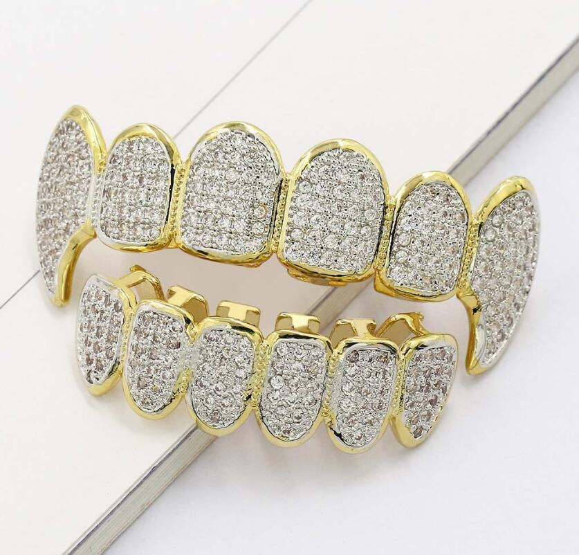 Grillz, Dental Grills Özel Özelleştirme Moissanit Dişleri Grillz buzlu Hop Full Zircon Dekoratif Parantez Gerçek Pırlanta Bling Diş DH98M