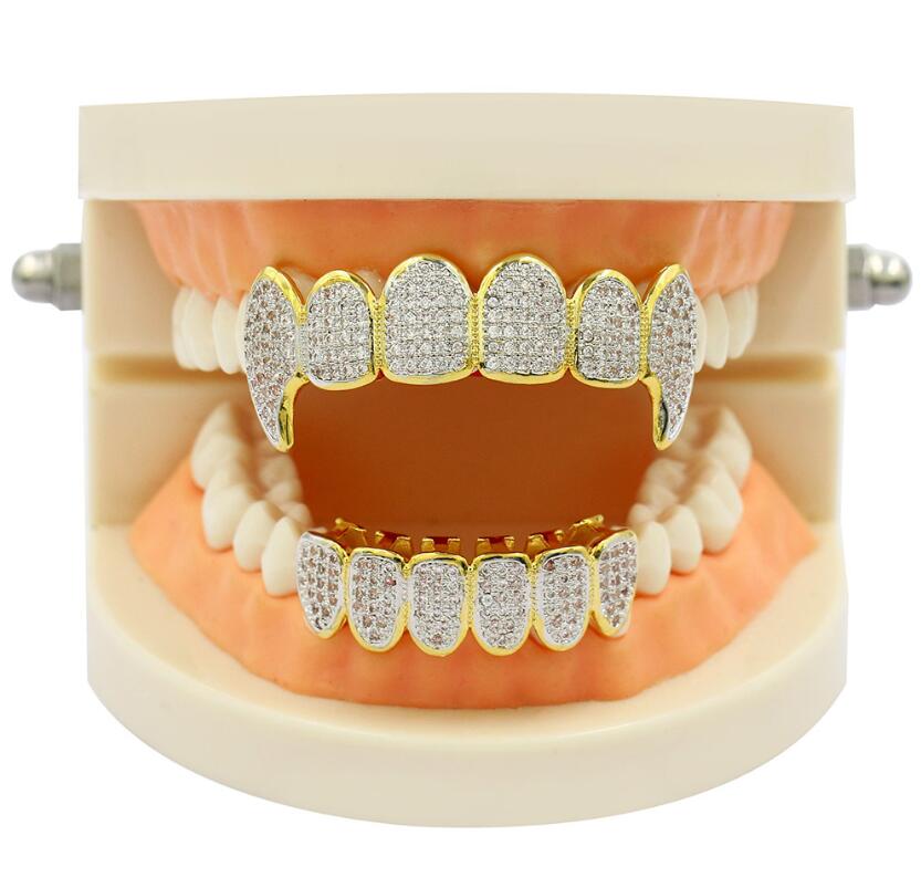 Grillz, Стоматологические грили Эксклюзивная настройка Зубы из муассанита Grillz Iced Out Hop Полный циркон Декоративные брекеты Настоящие бриллиантовые блестящие зубы Dh98M