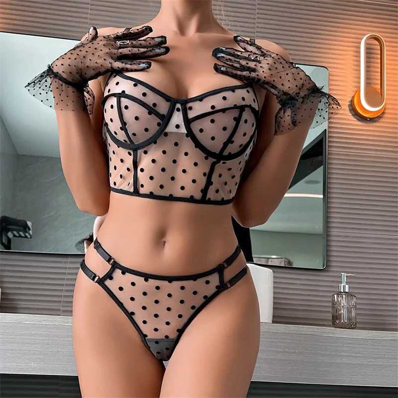 Sexy Set Aduloty Frauen Sexy Unterwäsche Mesh Spitze Polka Dot Perspektive Erotische Dessous Bügel BH Elastischer Rücken Hohl Zweiteiliges Set