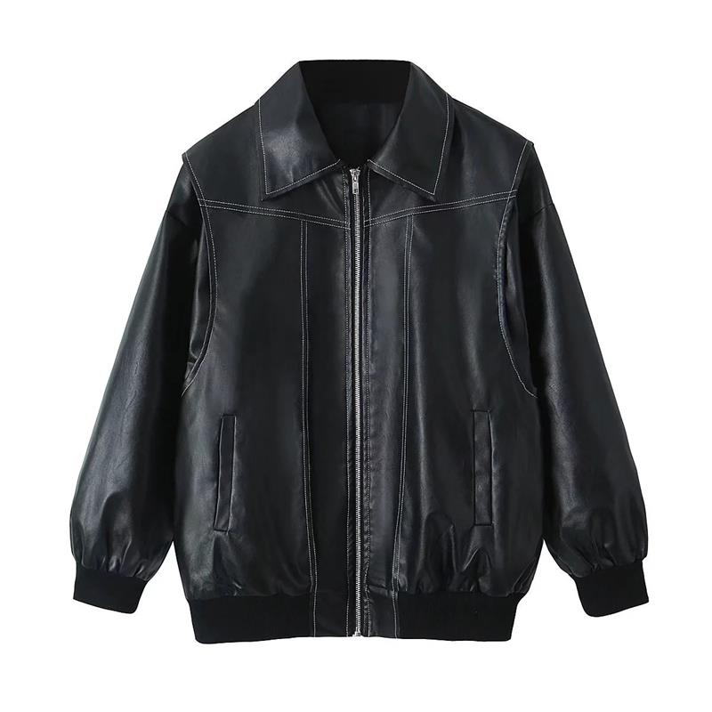 Leather Jacket For Women 2024 Chic Retro Lapel Loose Casual Short Leather Jackets Autumn Fashion Motorcycle Leather Tops