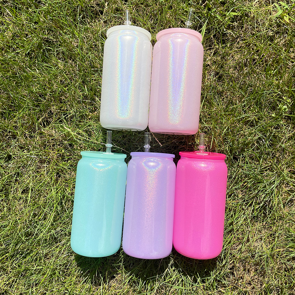 Holographic Glitter 16oz Shimmer rainbow iridescent Blank Sublimation Wholesale Bulk glass cup with PP lids and straws for DIY printing,sold by case