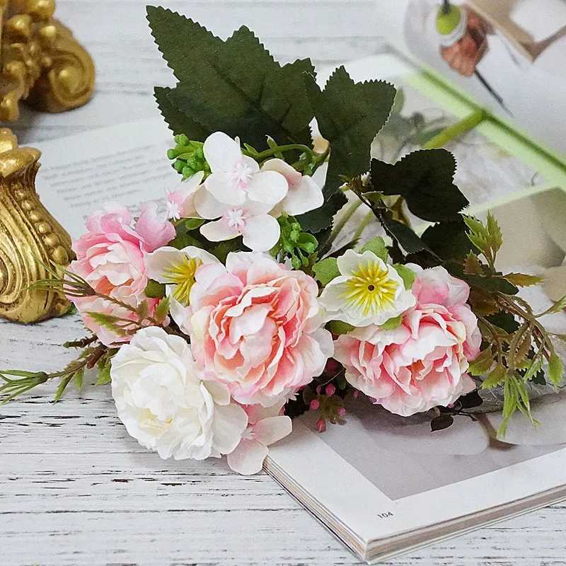 Faux Floral Greenery 5 Fork Oil Painting Hydrangea Happy Roses Christmas Decorations for Home Wedding Vases Household Products Artificial Flowers YQ240125