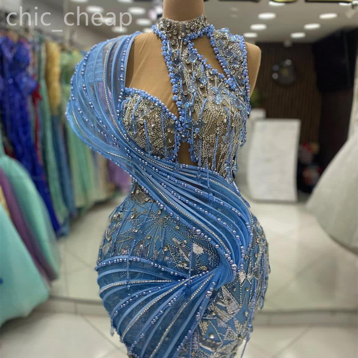 2024 Aso Ebi Sky Blue Mermaid Prom Dress Sequed Crystals Sexy Sexy Aseval Party Second Second Dispart Birthday Dragement Dresses Robe de Soiree Zj65