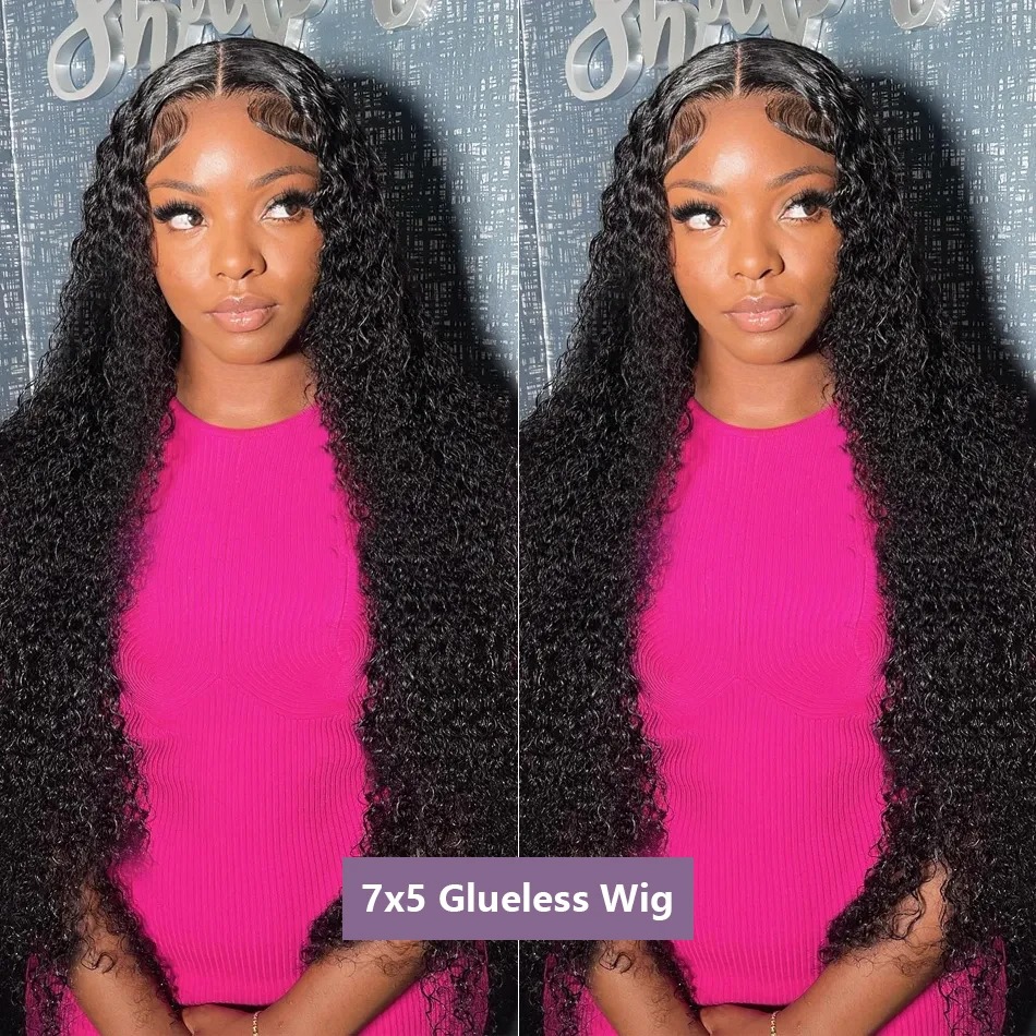 Babyhaar 7x5 Spitzenverschluss Deep Wave GluelessWig Human Hair Pre Cut Curly 13x4 Lace Front Wig Preplucked Natural Hairline