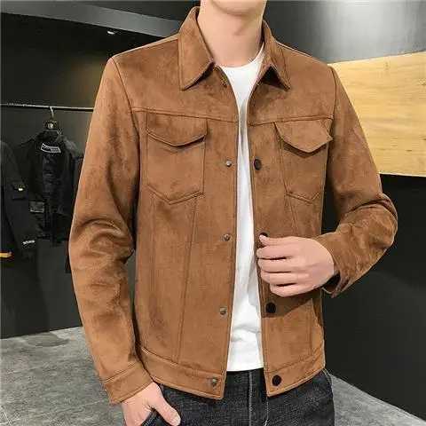 Herrjackor 2023 Spring Autumn Fashion Mens Suede Leather Jackets rockar Turn-Down Collar Läderjackor Casual Outwear Male Clothes C19 J240125