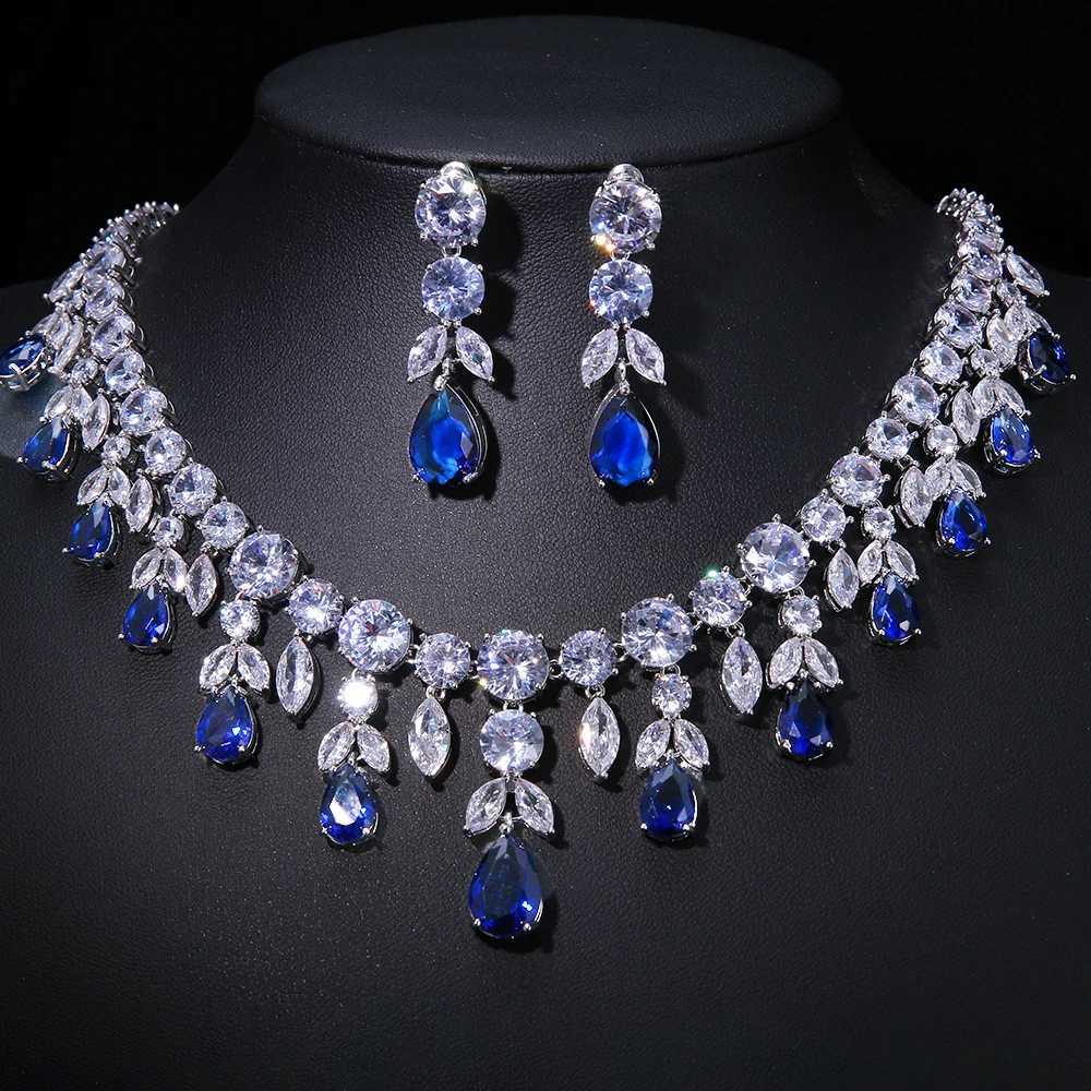 Pendant Necklaces Emmaya Zircons Bling Square Drop Dark Blue Cubic Zircon Necklace and Earrings Women Party Jewelry Set for Wedding Brides YQ240124