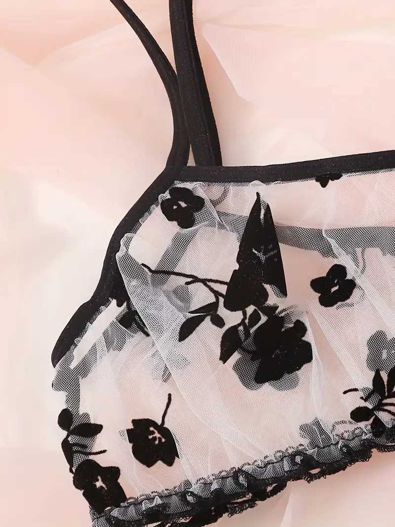 Conjunto sexy Conjunto de lencería de malla con estampado floral sexy - Bragas de sujetador de tul transparente para mujer - Ropa interior seductora