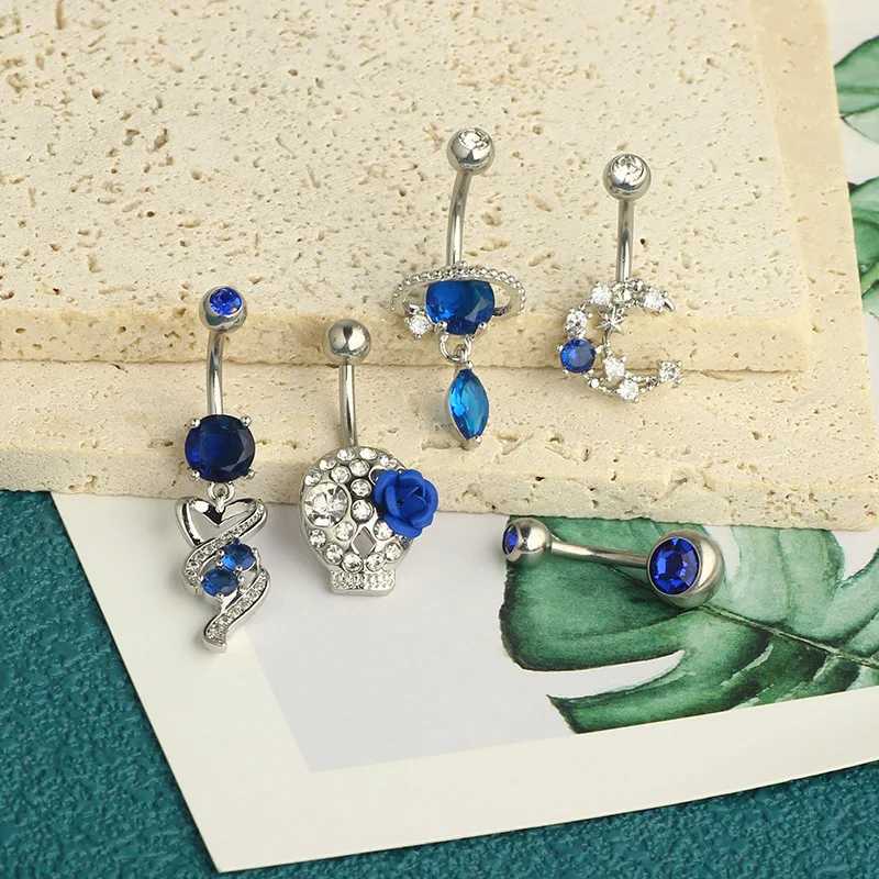 Navel Bell -knappringar 1st Royal Blue Belly Button Rings 14g Planet Navel Piercing Barbell Jewelry Heart Belly Rings Söta kropp Piercing Ombligo Mujer YQ240125