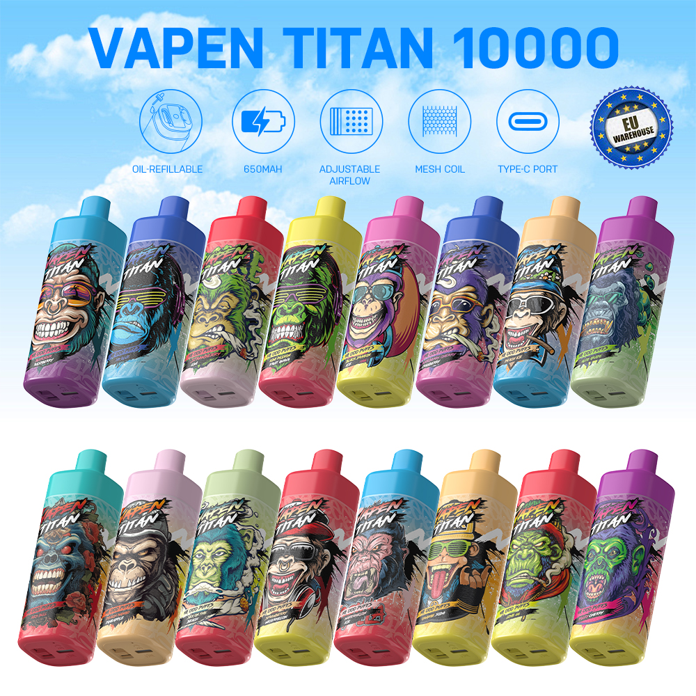 Vapen Titan 10000 Puff 10k Vape Tek Kullanımlık Vape E Sigara Vapers Razz Bar Puff 650mAH Şarj Edilebilir 20ml Yeniden doldurulmuş Vape Desechable Free Gemi 12K Puf