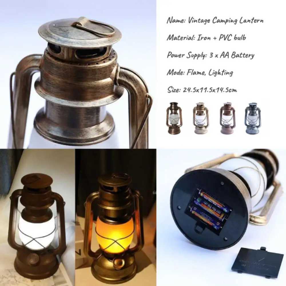 Camping Lantern Retro Camping Lanterns Portable Vintage Hanging Battery LED Flame Warm Light Nature Hike for Fishing Tent Camping Equipment YQ240124