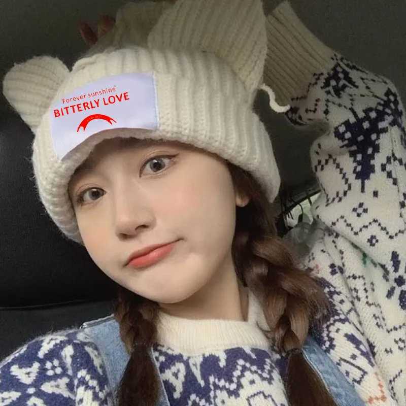 Beanie/Kafatası Kapakları Sevimli Kedi Kulak Örme Yün Şapka Kadın Moda Kapşonlu Kapak Beanies Kış Sıcak Domuz Kulak Yün Şapkalar Tasarım Kpop Kişilik Bonnet 240125