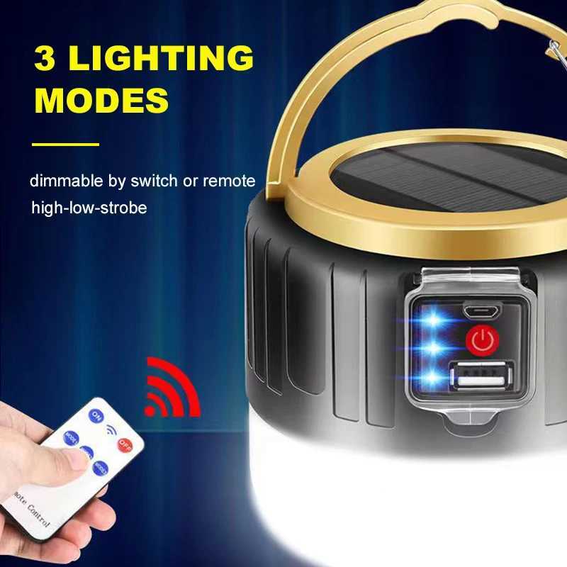 Lanterne de camping Lanterne de camping à LED à énergie solaire de haute qualité Lampe rechargeable par USB avec télécommande Lumière de secours solaire extérieure pour tente YQ240124