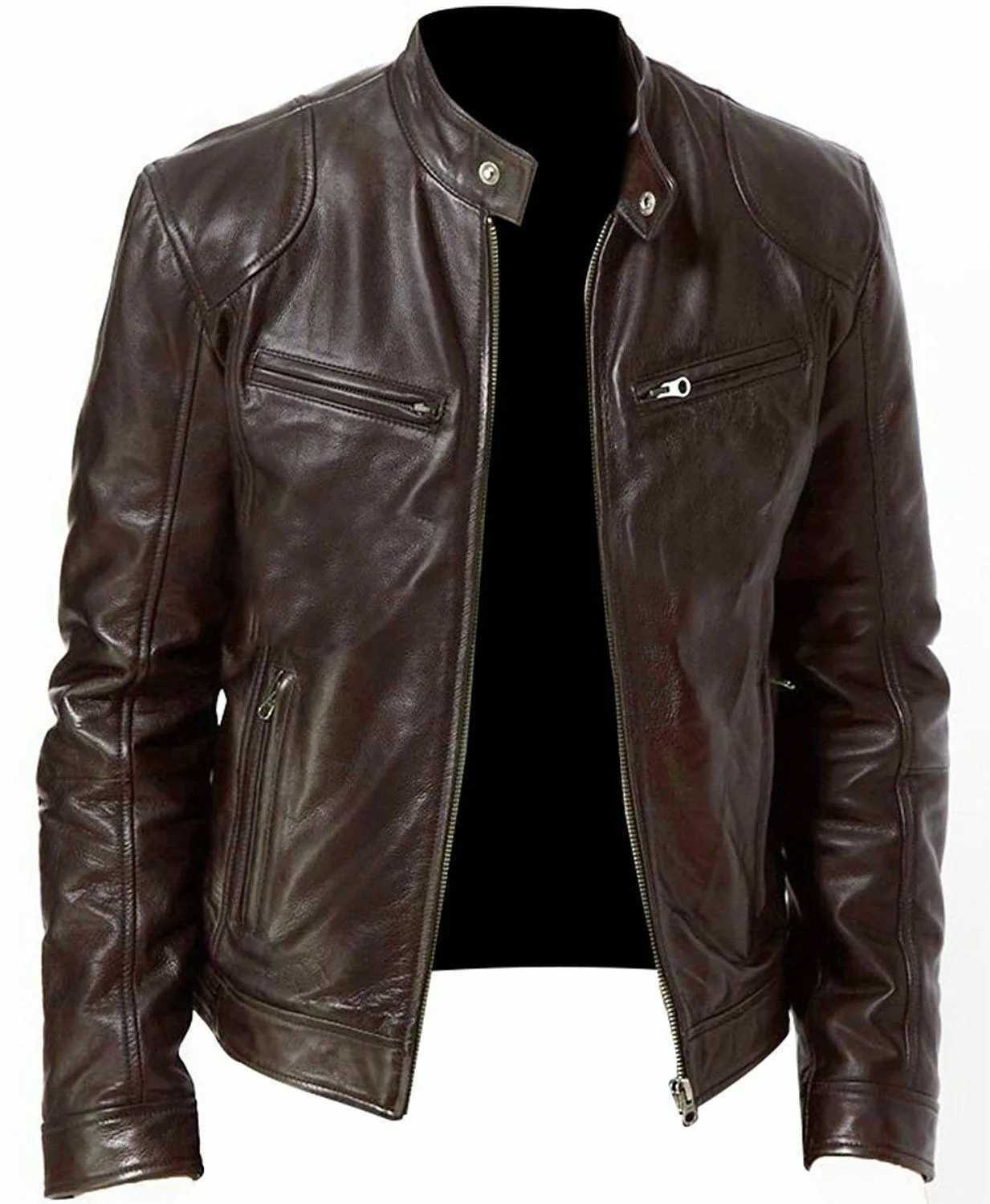 Herrenjacken 2023 Mode Herren Lederjacke Schlanker Fit -Standkragen PU Mantel Männliche winddichte Motorrad -Revers -Diagonal Reißverschluss Oberbekleidung J240125