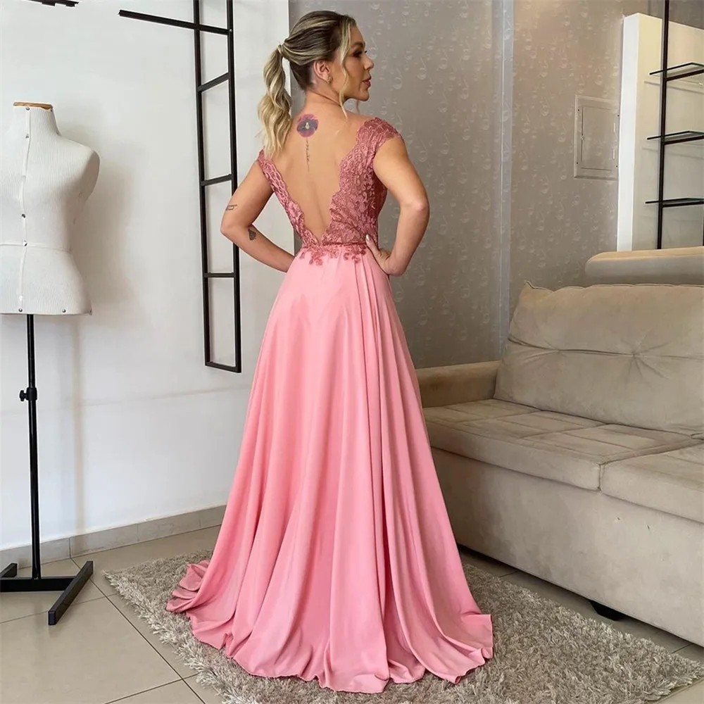 Sweety Pink Aso Ebi Evening Dresses Plus Size V Neck Lace Appliqued A Line Prom Party Gowns With Cap Sleeves Sexy Backless Vestidos De Fiesta Formal Events Dress CL3243