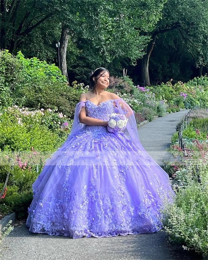 Lilac Purple Quinceanera Dresses Sweet Princess Ball Gown 2024 Birthday Party Gowns Cape Vestidos De 15 Quinceanera