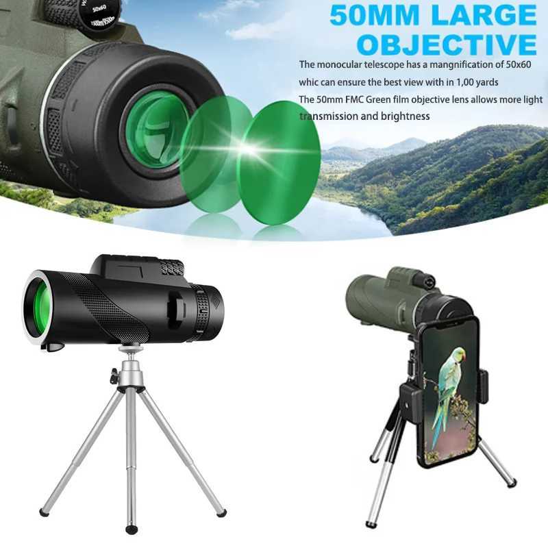 Teleskopy Wysoka potężna 50x60 HD Lowlight MonoCular Telescope Długie zasięg Zoom FMC BAK4 z klipem telefonicznym do polowania na zewnątrz turystyka YQ240124