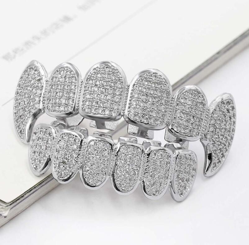 Grillz, Dental Grills Özel Özelleştirme Moissanit Dişleri Grillz buzlu Hop Full Zircon Dekoratif Parantez Gerçek Pırlanta Bling Diş DH98M