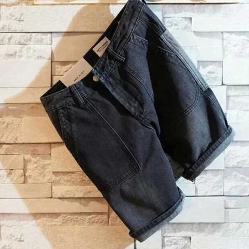 Pantalones cortos para hombres Pantalones cortos de mezclilla Verano para hombres Todos coinciden con bolsillos con bloques de color Versión coreana delgada Pantalones rectos de cinco puntos en negro y gris Tendencia J240124