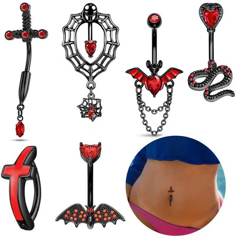 Navelklockknapp ringer 1st Red Bat Belly Piercing Jewelry 14g Black Moon Belly Button Rose Flower Navel Ring Barbell Piercing Ombligo For Women YQ240125