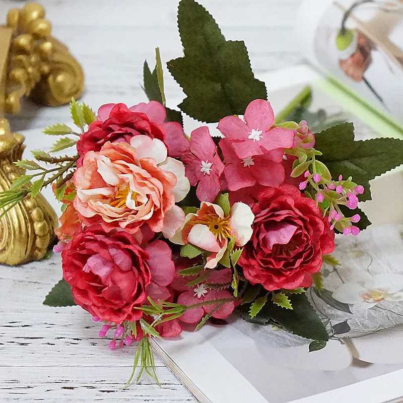 Faux Floral Greenery 5 Fork Oil Painting Hydrangea Happy Roses Christmas Decorations for Home Wedding Vases Household Products Artificial Flowers YQ240125