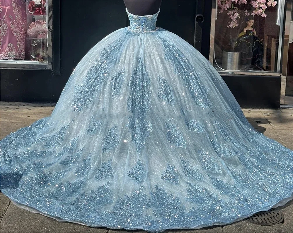 Luxury Blue paljetter Vestidos de 15 anos quinceanera klänningar för debut glittrande älskling spets söt 16 prom -tävlingsfest klänningar