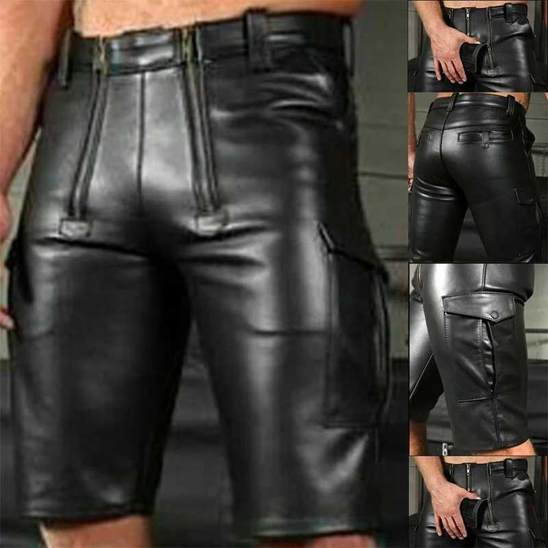 Herren-Shorts, 2023, große Tasche, PU-Leder, Lederhosen, Punk, schmal, Doppelreißverschluss, verziert, schwarze Shorts, J240124