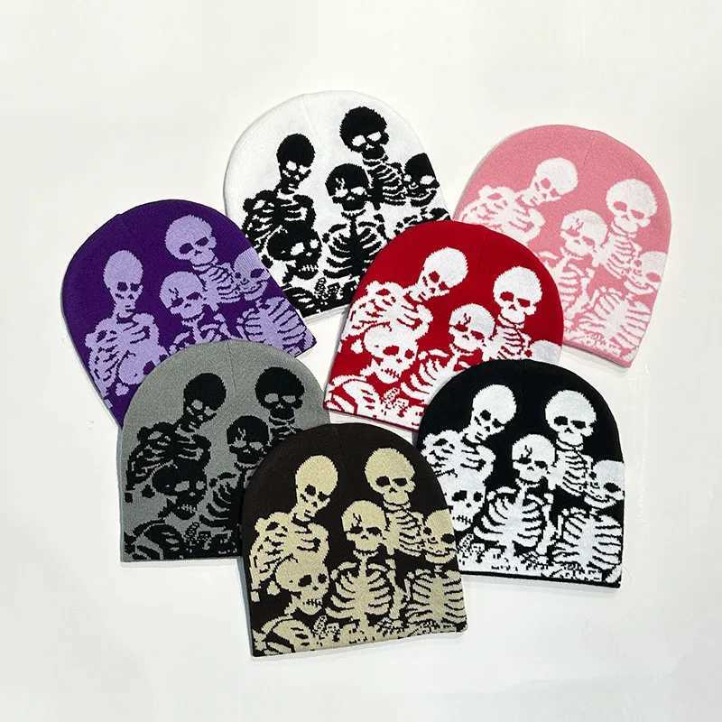 Beanie / Skull Caps New Halloween Party Engraçado Assustador Chapéu De Malha Criativo Individualidade Crânio Beanies Homens Mulheres Inverno Lã Frio Caps 240125