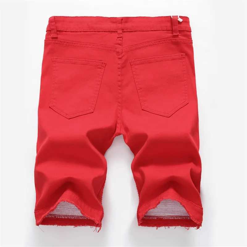 Shorts masculinos 2023 verão novos shorts jeans masculinos plissados e buracos decorados shorts masculino azul branco preto azul vermelho denim shorts j240124