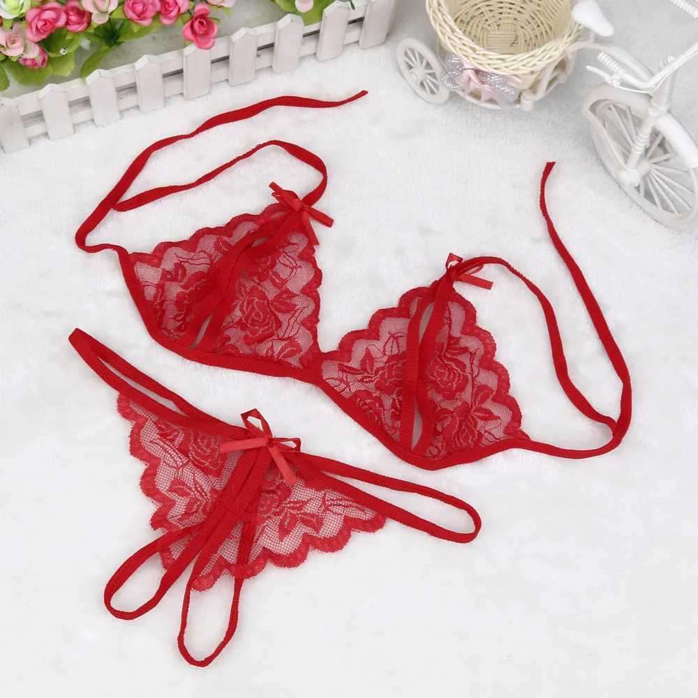 Set sexy Set lingerie sexy con lacci Set donna hot esotico con apertura sul cavallo Biancheria intima trasparente con ricamo in pizzo Fasciatura perizoma Set a tre punti