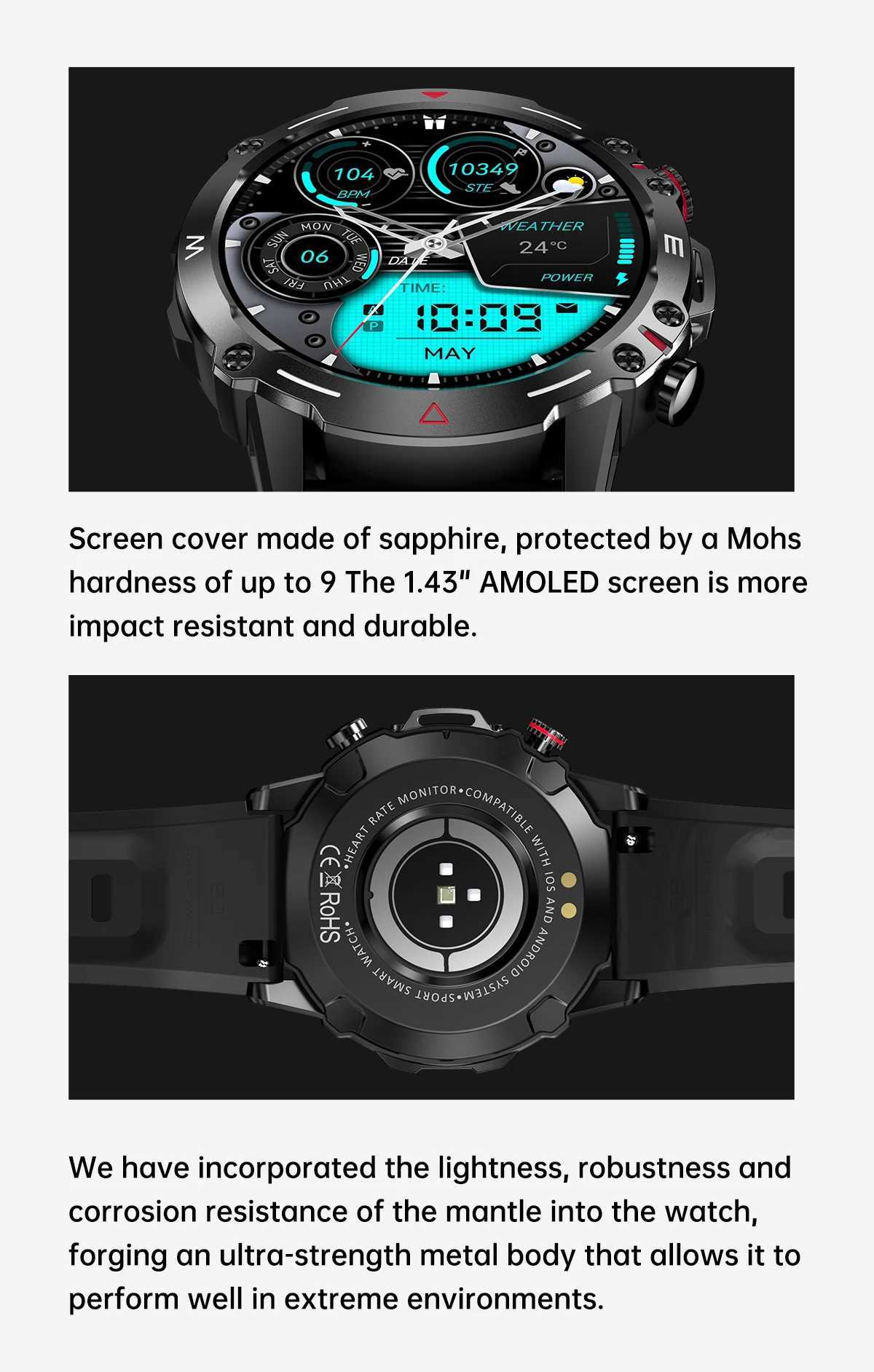 Smart Watches AMOLED SCREEN LEMFO HK87 Smartwatch Men IP68 Waterproof Health Monitor Cover Hard Miljö 1.43 466*466 BT5.2 8763E 410MAH YQ240125