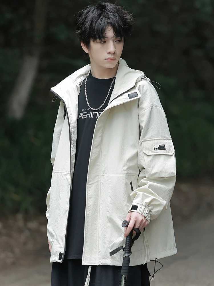 Jaquetas masculinas 2023 outono novas jaquetas casuais masculinas moda coreana ao ar livre tecido de náilon multi-bolsos com capuz blusão casacos j240125