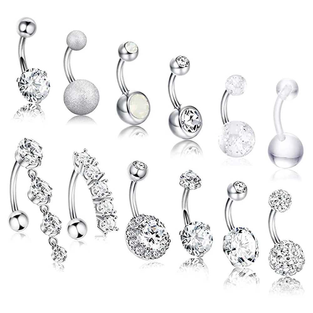 Navel Bell Button Rings WKOUD 12 Style 14G Belly Button Ring For Women Girls Stainless Steel CZ Navel Ring Barbell Body Piercing YQ240125