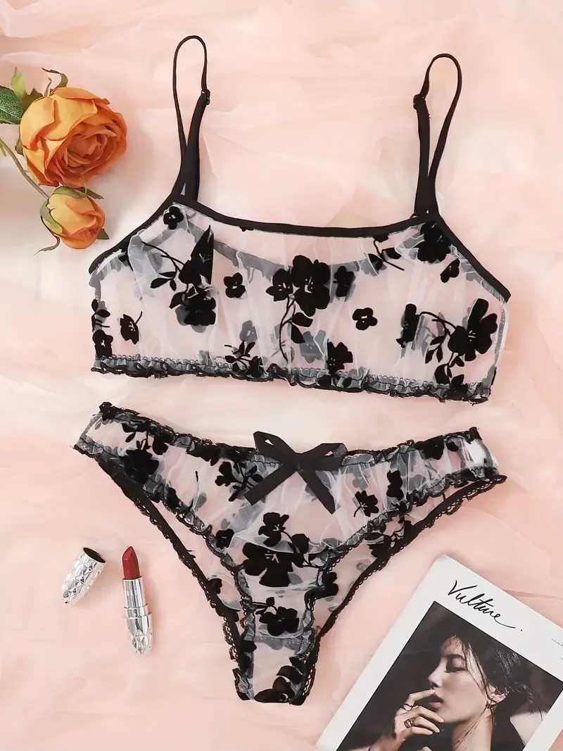 Conjunto sexy Conjunto de lencería de malla con estampado floral sexy - Bragas de sujetador de tul transparente para mujer - Ropa interior seductora