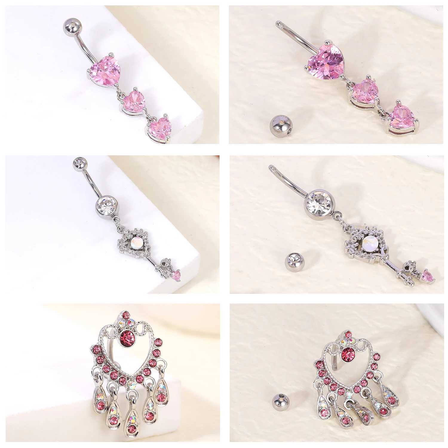 Navelbelknopringen ZS 14G Roze Kristallen Hanger Navelpiercing Voor Vrouwen Roestvrij Staal Navelpiercings Maan Hart Vlinder Buikring YQ240125