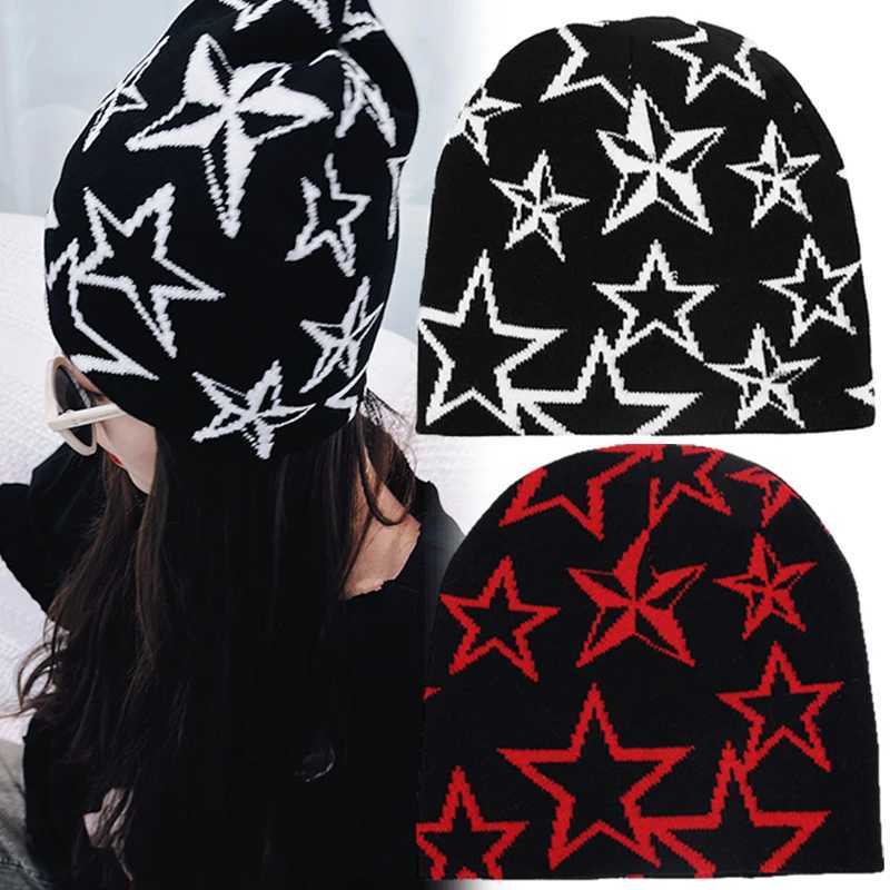 Beanie / Skull Caps Moda Tricô Estrela Impresso Cap Homens Mulheres Pulôver Pile Cap Parágrafo Qualidade Beanie Y2K Quente Ins New Soybean Wool Cold Cap 240125