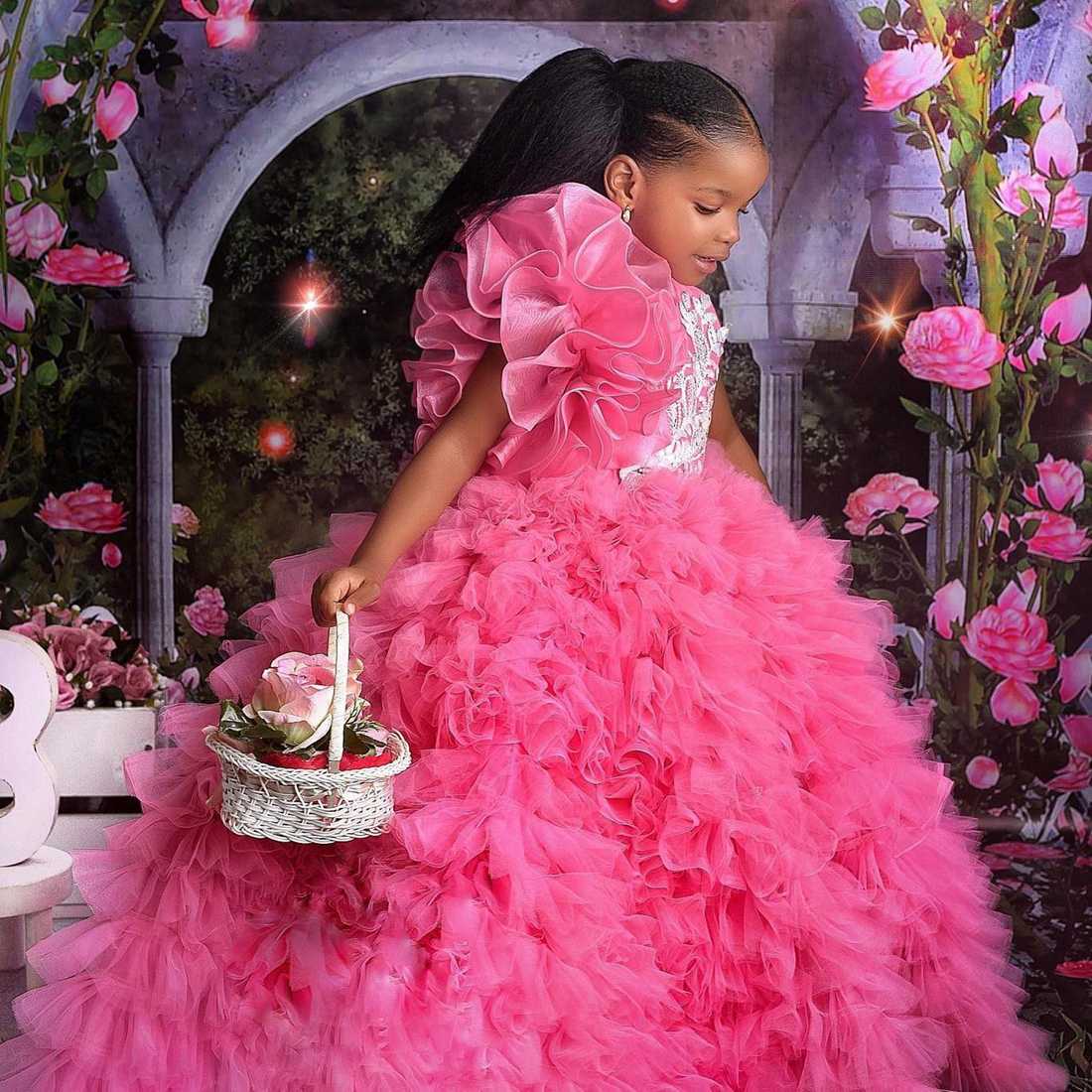 Fuchsia Little Kids Birthday Party Dresses Jewel Beaded Flower Girl Dresses Tiered Tulle Flowergirl Dress