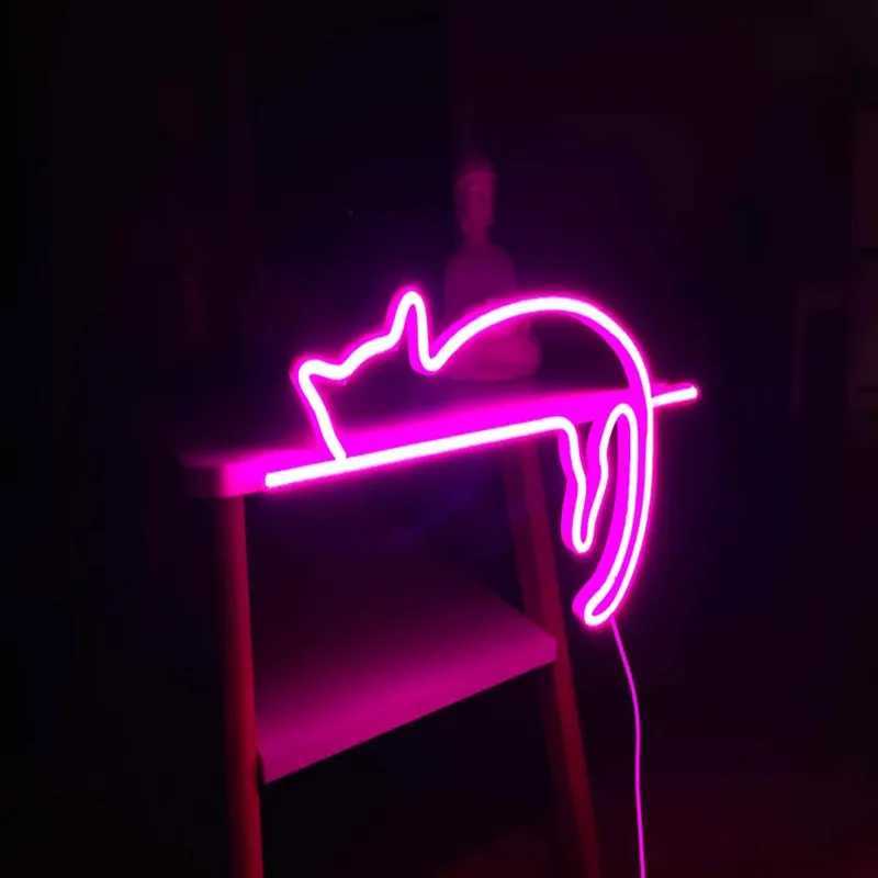 LED Neon Sign Lovely Lazy Cat Led Neon Light Animation Art Flexible Acrylic Board Cat Coffee Children'S Room Indoor Wall Hanging Lamp Board YQ240126