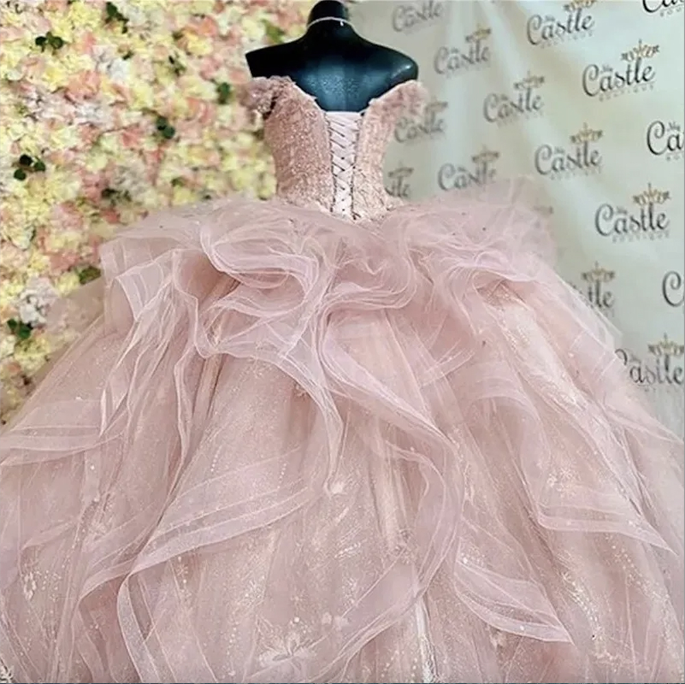 Pink Princess Quinceanera Dresses Applique Lace Ball Gown Birthday Gown Tulle Lace-Up Sweet 16 Dresses vestidos de 15