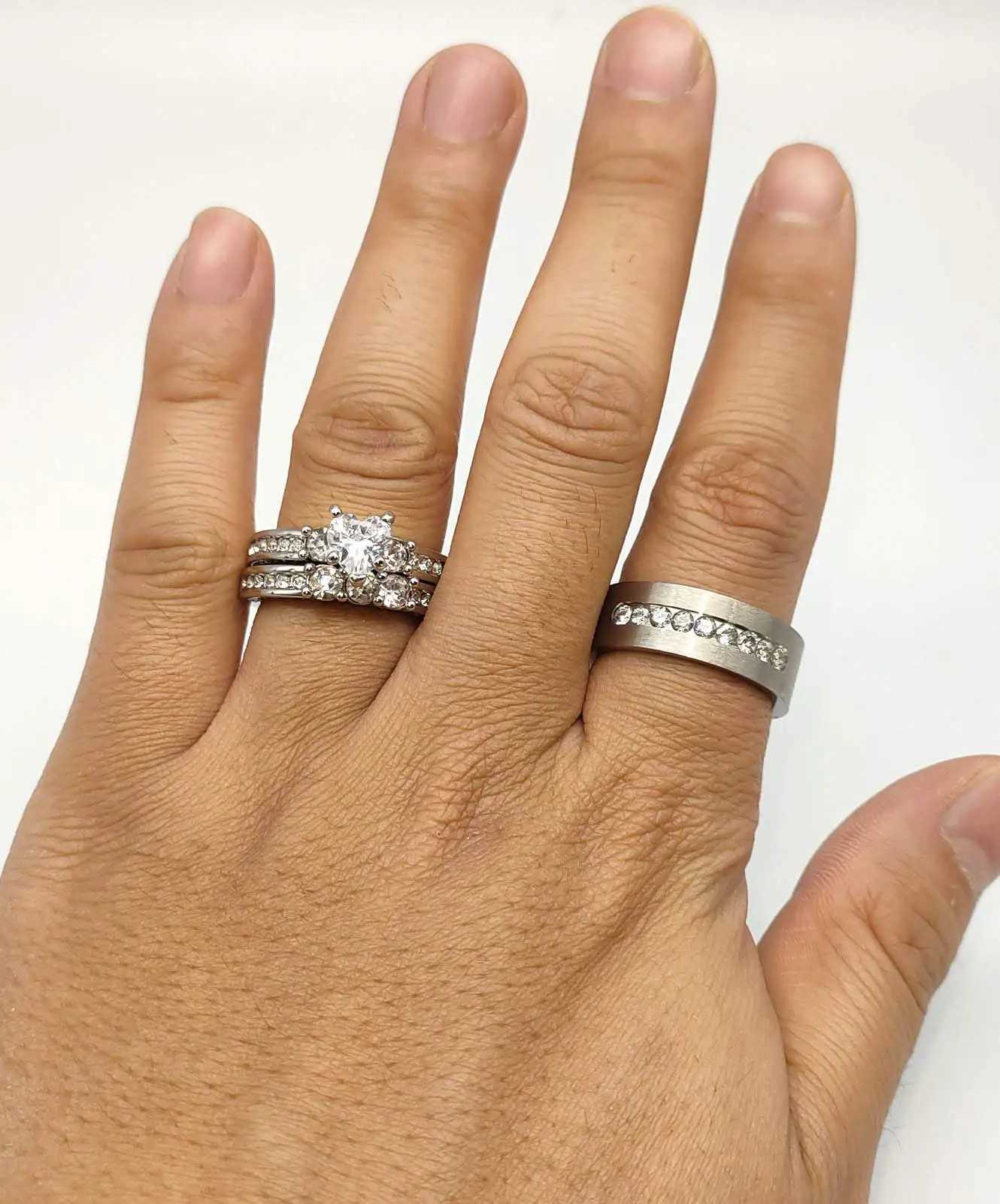 Anéis de banda Anéis de casal para mulheres coração strass zircônia anéis conjunto simples cz aço inoxidável homens anel jóias de casamento para presentes de amante 240125