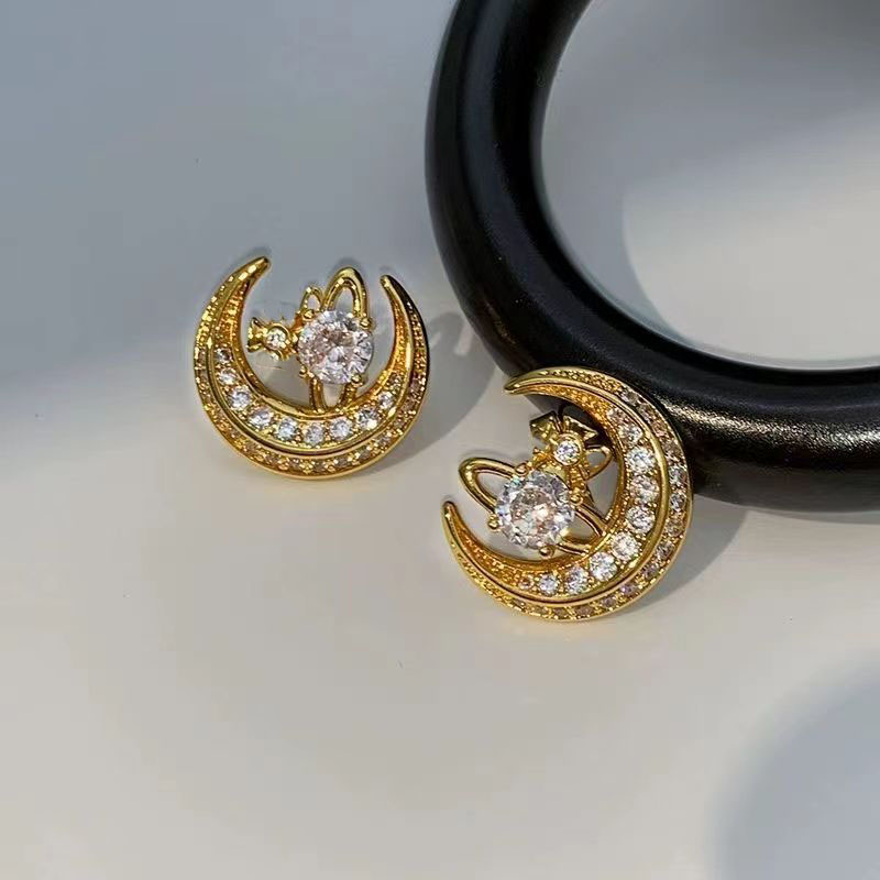 Boucles d'oreilles de mode femmes diamant lune boucles d'oreilles Saturne bijoux de créateur de luxe femmes diamant cadeaux de mariage parfait