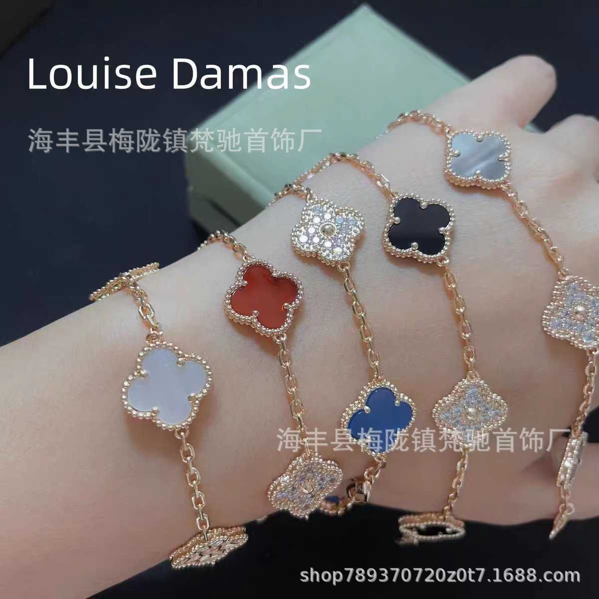 Original 1to1 Van C-A LEAF CLOVER Fyra Five Flower Armband Tjock pläterad 18kV Gold Diamond Full Black Agate Natural Fritillaria Handsmycken Live Broadcast V25H